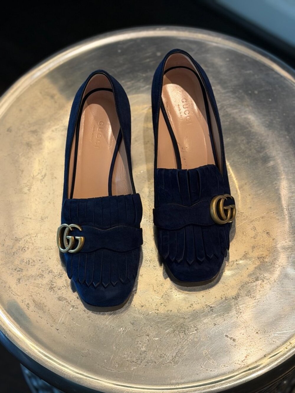 Gucci Kid Scamosciato GG Marmont Fringe 50mm Loafer Pumps 37 Navy - Picture 7 of 11